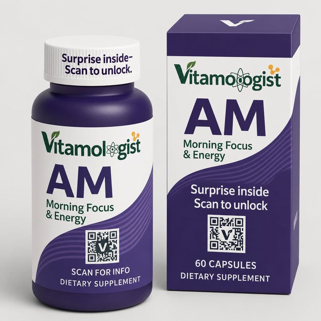 Vitamologist AM — bottle and box mockup